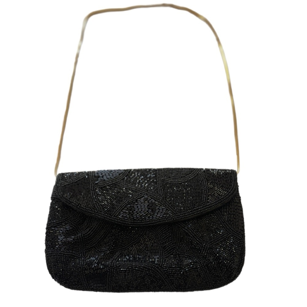 Classy Vintage Black Beaded Handbag With Gold Cable  Strap